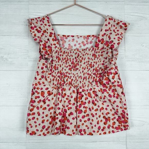 Ann Taylor Top M Berry Bunches Linen Blend Square Neck Smocked Flutter Sleeves - Picture 5 of 11